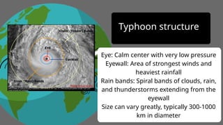 Eye: Calm center with very low pressure
Eyewall: Area of strongest winds and
heaviest rainfall
Rain bands: Spiral bands of clouds, rain,
and thunderstorms extending from the
eyewall
Size can vary greatly, typically 300-1000
km in diameter
Typhoon structure
 