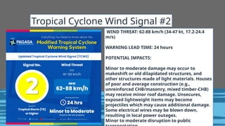 WIND THREAT: 62-88 km/h (34-47 kt, 17.2-24.4
m/s)
WARNING LEAD TIME: 24 hours
POTENTIAL IMPACTS:
Minor to moderate damage may occur to
makeshift or old dilapidated structures, and
other structures made of light materials. Houses
of poor and average construction (e.g.,
unreinforced CHB/masonry, mixed timber-CHB)
may receive minor roof damage. Unsecures,
exposed lightweight items may become
projectiles which may cause additional damage.
Some electrical wires may be blown down,
resulting in local power outages.
Minor to moderate disruption to public
Tropical Cyclone Wind Signal #2
 