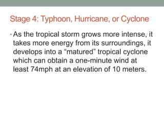 Stage 4: Typhoon, Hurricane, or Cyclone
• As the tropical storm grows more intense, it
takes more energy from its surroundings, it
develops into a “matured” tropical cyclone
which can obtain a one-minute wind at
least 74mph at an elevation of 10 meters.
 