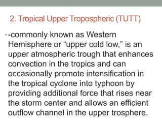2. Tropical Upper Tropospheric (TUTT)
•-commonly known as Western
Hemisphere or “upper cold low,” is an
upper atmospheric trough that enhances
convection in the tropics and can
occasionally promote intensification in
the tropical cyclone into typhoon by
providing additional force that rises near
the storm center and allows an efficient
outflow channel in the upper trosphere.
 