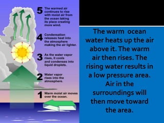 The warm ocean
water heats up the air
above it.The warm
air then rises.The
rising water results in
a low pressure area.
Air in the
surroundings will
then move toward
the area.
 