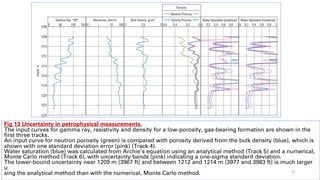 Fig 13 Uncertainty in petrophysical measurements.
The input curves for gamma ray, resistivity and density for a low-porosity, gas-bearing formation are shown in the
first three tracks.
An input curve for neutron porosity (green) is compared with porosity derived from the bulk density (blue), which is
shown with one standard deviation error (pink) (Track 4).
Water saturation (blue) was calculated from Archie’s equation using an analytical method (Track 5) and a numerical,
Monte Carlo method (Track 6), with uncertainty bands (pink) indicating a one-sigma standard deviation.
The lower-bound uncertainty near 1209 m [3967 ft] and between 1212 and 1214 m [3977 and 3983 ft] is much larger
u
sing the analytical method than with the numerical, Monte Carlo method. 31
 