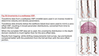 Fig 18 Uncertainty in a walkaway VSP.
Traveltime data from a walkaway VSP (middle) were used in an inverse model to
determine velocity and density parameters.
Traveltime data directly below the wellbore (black box) were used to mimic a zero-
offset VSP, resulting in broad parameter distributions, converted from time to
depth domain (top).
When the complete VSP data set is used, the uncertainty distribution in the depth
domain (bottom) is much tighter than for the zero-offset data.
Results from logging- while-drilling measurements (red curves, top and bottom)
compared better with the prediction from the full set than with the zero-offset
portion.
39
 