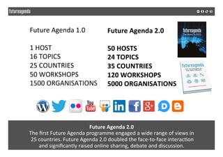  
	
  
Future	
  Agenda	
  2.0	
  
The	
  ﬁrst	
  Future	
  Agenda	
  programme	
  engaged	
  a	
  wide	
  range	
  of	
  views	
  in	
  
	
  25	
  countries.	
  Future	
  Agenda	
  2.0	
  doubled	
  the	
  face-­‐to-­‐face	
  interac2on	
  	
  
and	
  signiﬁcantly	
  raised	
  online	
  sharing,	
  debate	
  and	
  discussion.	
  
Future	
  Agenda	
  1.0	
  
	
  
1	
  HOST	
  
16	
  TOPICS	
  
25	
  COUNTRIES	
  
50	
  WORKSHOPS	
  
1500	
  ORGANISATIONS	
  
Future	
  Agenda	
  2.0	
  
	
  
50	
  HOSTS	
  
24	
  TOPICS	
  
35	
  COUNTRIES	
  
120	
  WORKSHOPS	
  
5000	
  ORGANISATIONS	
  
 
