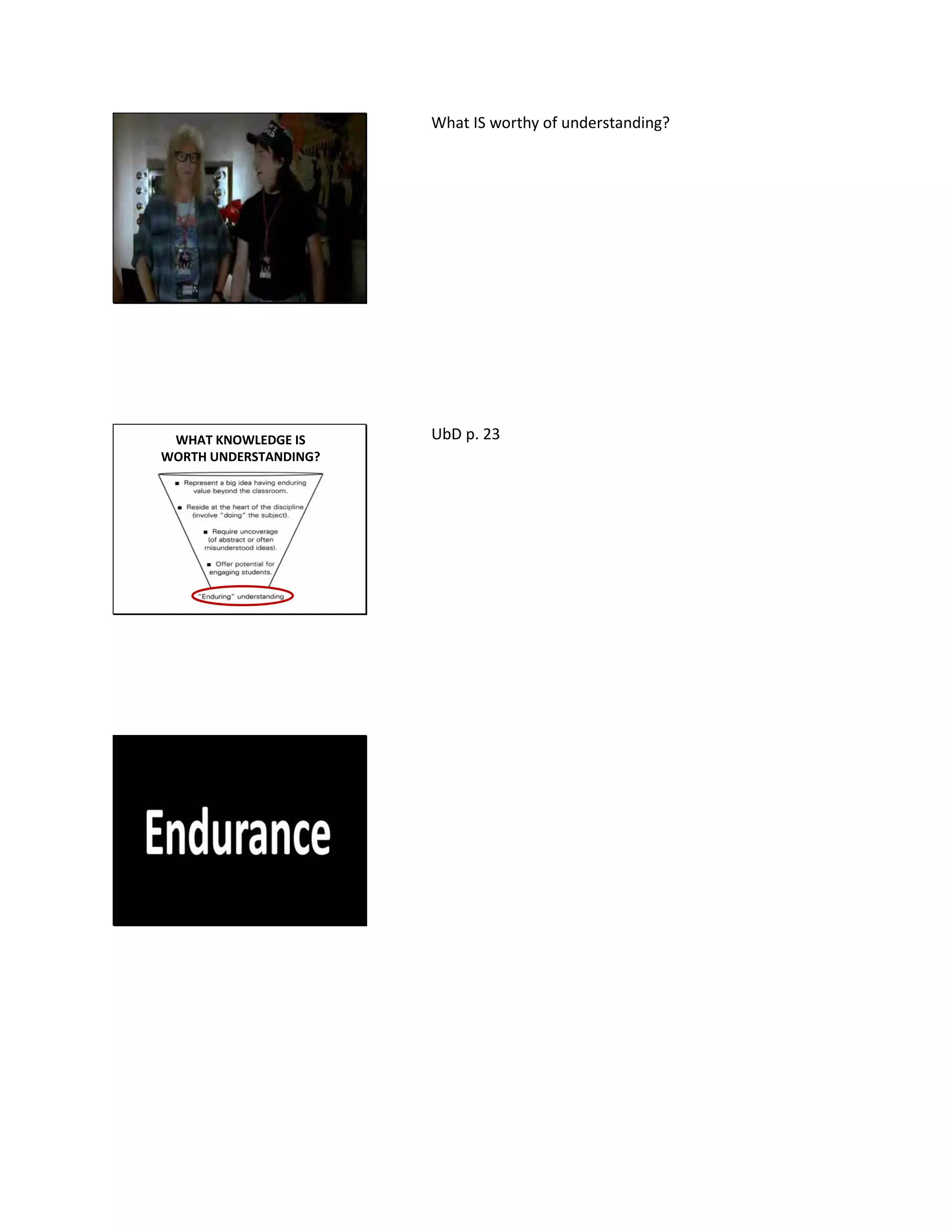 What IS worthy of understanding?
WHAT KNOWLEDGE IS
WORTH UNDERSTANDING?
UbD p. 23
 
