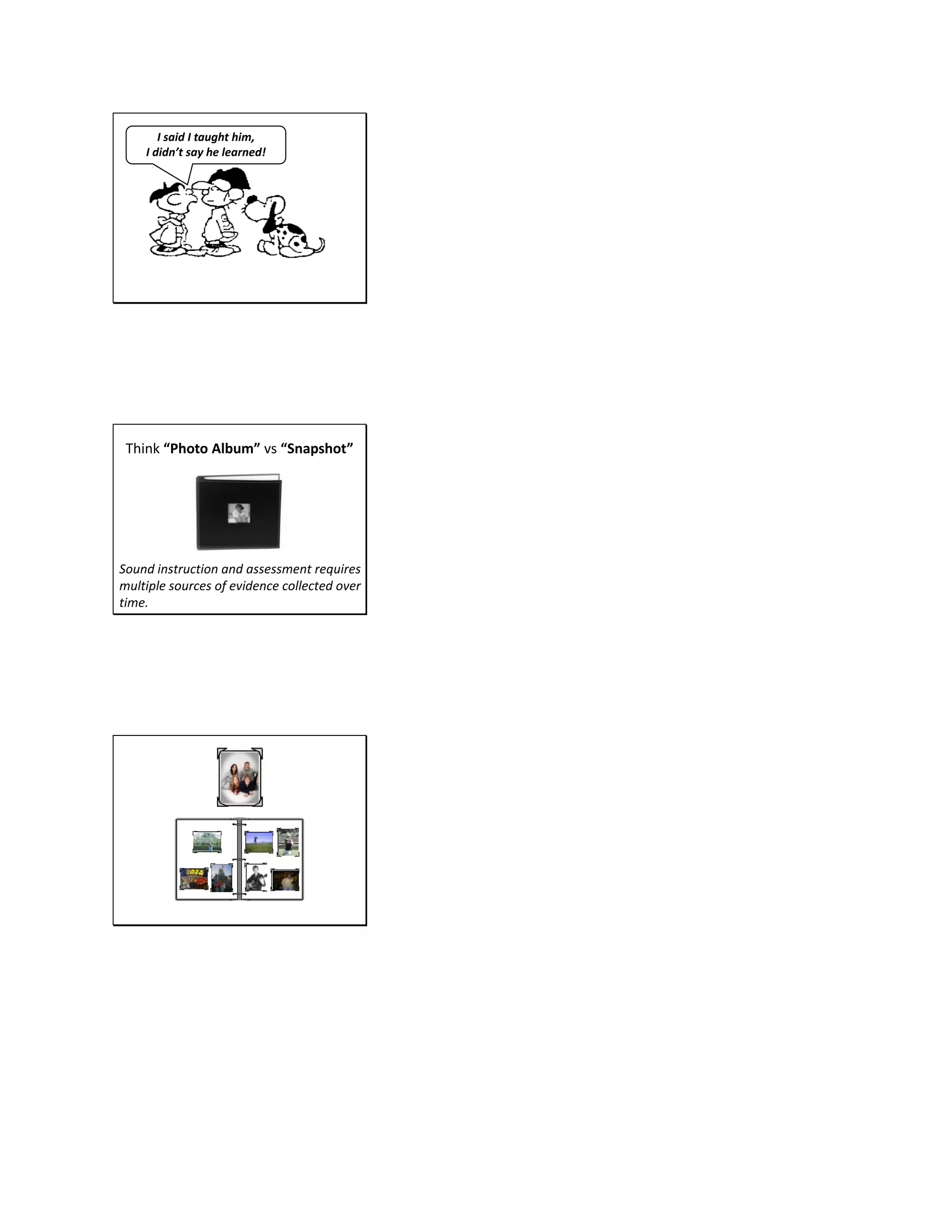 I said I taught him,
I didn’t say he learned!
Think “Photo Album” vs “Snapshot”
Sound instruction and assessment requires
multiple sources of evidence collected over
time.
 