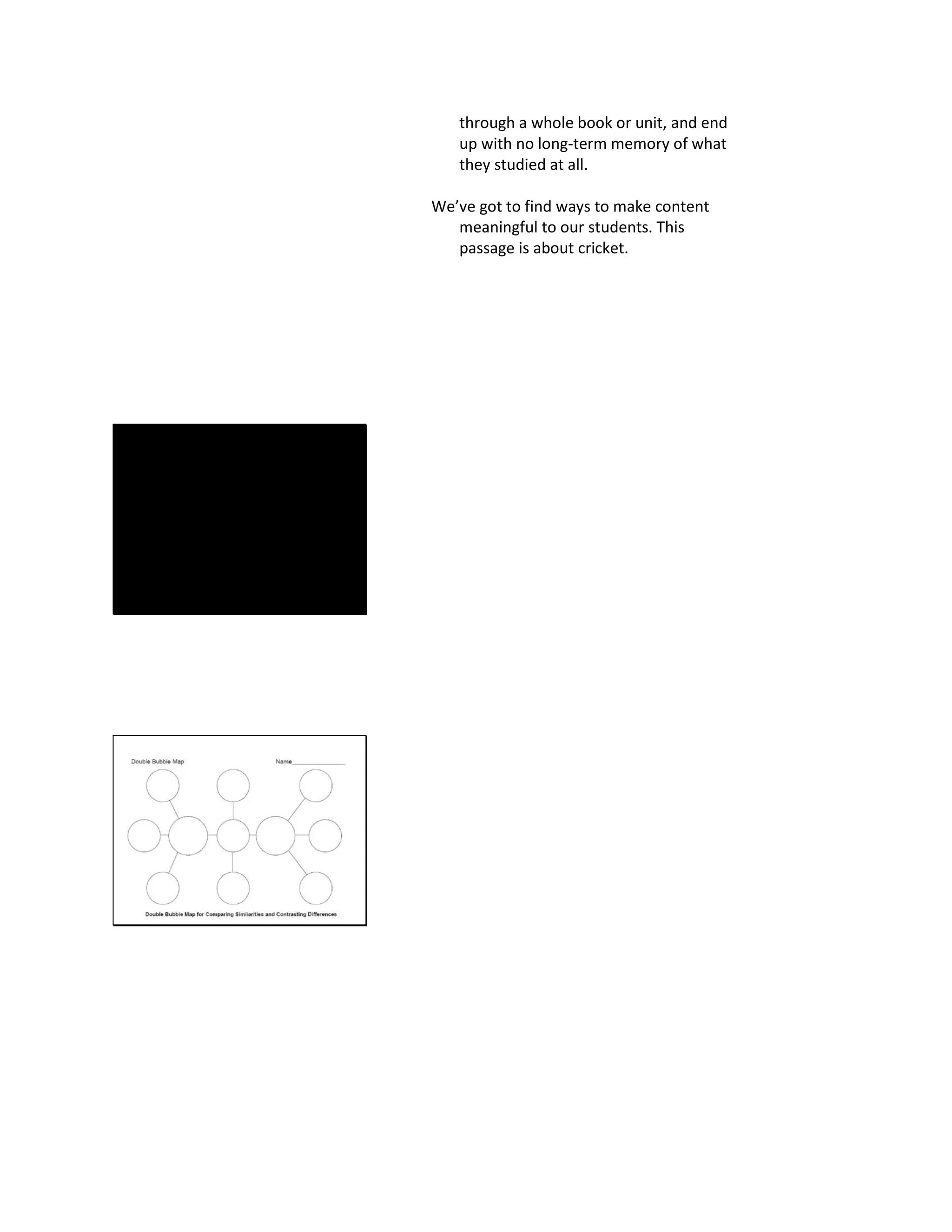 through a whole book or unit, and end
up with no long-term memory of what
they studied at all.
We’ve got to find ways to make content
meaningful to our students. This
passage is about cricket.
 