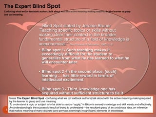The Expert Blind Spot
Confusing what we (or textbook authors) talk about with the active meaning-making required by the learner to grasp
and use meaning.



                                 Blind Spot stated by Jerome Bruner
                               ‗Teaching specific topics or skills without
                               making clear their context in the broader
                               fundamental structure of a field of knowledge is
                               uneconomical.‖ The Process of Education, 1960, p. 31
                               • Blind spot 1- Such teaching makes it
                                 exceedingly difficult for the student to
                                 generalize from what he has learned to what he
                                 will encounter later

                               • Blind spot 2 -In the second place, [such]
                                 learning … has little reward in terms of
                                 intellectual excitement

                              • Blind spot 3 - Third, knowledge one has
                                acquired without sufficient structure to tie it
    Notes The Expert Blind Spot -confusing whatknowledge that is likely to be
                                together is we (or textbook authors) talk about with the active meaning-making required
                                forgotten.
    by the learner to grasp and use meaning.
   To understand a topic or subject is to be able to use (or ―apply,‖ in Bloom‘s sense) knowledge and skill wisely and effectively.
   An understanding is the successful result of trying to understand—the resultant grasp of an unobvious idea, an inference
 7 that makes meaning of many discrete (and perhaps seemingly insignificant) elements of knowledge.
 