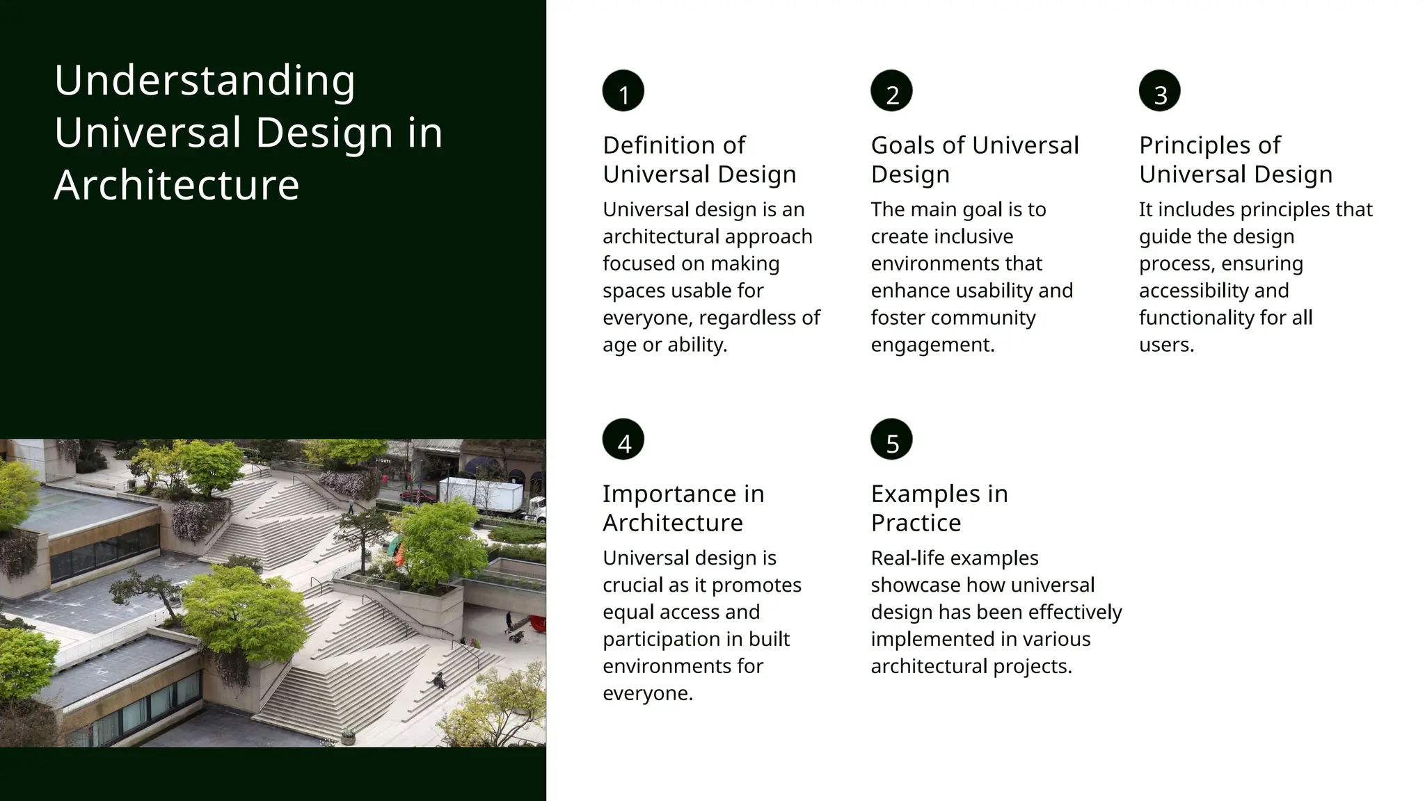 1
Definition of
Universal Design
Universal design is an
architectural approach
focused on making
spaces usable for
everyone, regardless of
age or ability.
2
Goals of Universal
Design
The main goal is to
create inclusive
environments that
enhance usability and
foster community
engagement.
3
Principles of
Universal Design
It includes principles that
guide the design
process, ensuring
accessibility and
functionality for all
users.
4
Importance in
Architecture
Universal design is
crucial as it promotes
equal access and
participation in built
environments for
everyone.
5
Examples in
Practice
Real-life examples
showcase how universal
design has been effectively
implemented in various
architectural projects.
Understanding
Universal Design in
Architecture
 