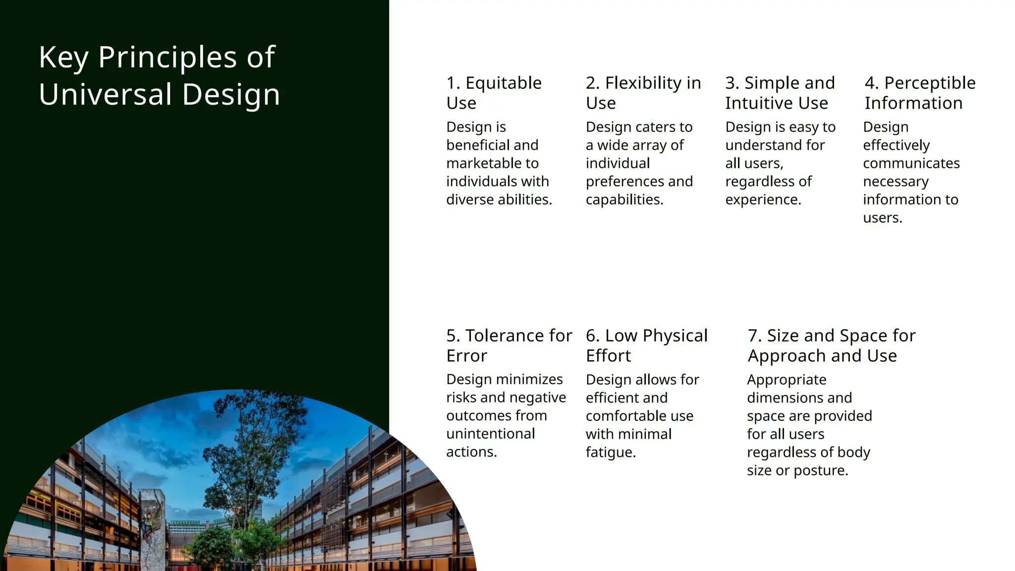 1. Equitable
Use
Design is
beneficial and
marketable to
individuals with
diverse abilities.
2. Flexibility in
Use
Design caters to
a wide array of
individual
preferences and
capabilities.
3. Simple and
Intuitive Use
Design is easy to
understand for
all users,
regardless of
experience.
4. Perceptible
Information
Design
effectively
communicates
necessary
information to
users.
5. Tolerance for
Error
Design minimizes
risks and negative
outcomes from
unintentional
actions.
6. Low Physical
Effort
Design allows for
efficient and
comfortable use
with minimal
fatigue.
7. Size and Space for
Approach and Use
Key Principles of
Universal Design
Appropriate
dimensions and
space are provided
for all users
regardless of body
size or posture.
 