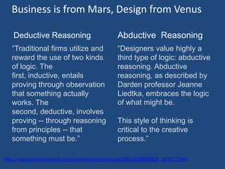 Business is from Mars, Design from Venus

   Deductive Reasoning                       Abductive Reasoning
   “Traditional firms utilize and            “Designers value highly a
   reward the use of two kinds               third type of logic: abductive
   of logic. The                             reasoning. Abductive
   first, inductive, entails                 reasoning, as described by
   proving through observation               Darden professor Jeanne
   that something actually                   Liedtka, embraces the logic
   works. The                                of what might be.
   second, deductive, involves
   proving -- through reasoning              This style of thinking is
   from principles -- that                   critical to the creative
   something must be.”                       process.”

http://www.businessweek.com/innovate/content/aug2005/di20050803_823317.htm
 