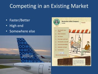 Competing in an Existing Market

• Faster/Better
• High end
• Somewhere else
 