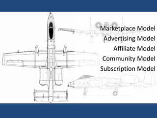 Marketplace Model
 Advertising Model
    Affiliate Model
 Community Model
Subscription Model
 