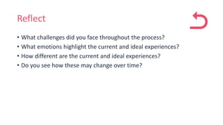 Reflect
• What challenges did you face throughout the process?
• What emotions highlight the current and ideal experiences?
• How different are the current and ideal experiences?
• Do you see how these may change over time?
 