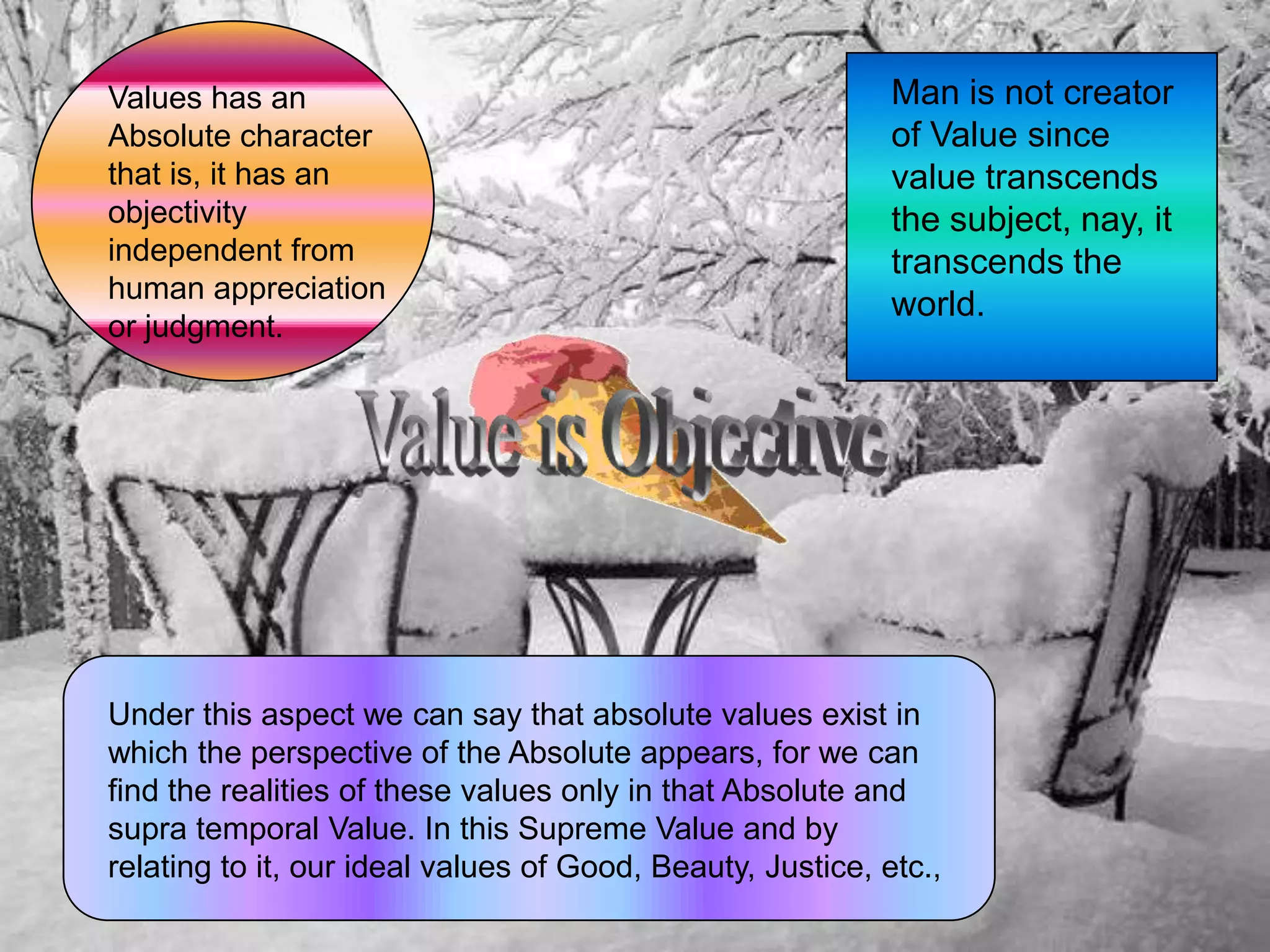 Values has an
Absolute character
that is, it has an
objectivity
independent from
human appreciation
or judgment.
Man is not creator
of Value since
value transcends
the subject, nay, it
transcends the
world.
Under this aspect we can say that absolute values exist in
which the perspective of the Absolute appears, for we can
find the realities of these values only in that Absolute and
supra temporal Value. In this Supreme Value and by
relating to it, our ideal values of Good, Beauty, Justice, etc.,
 