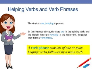 Helping Verbs and Verb Phrases
In the sentence above, the word are is the helping verb, and
the present participle jumping is the main verb. Together
they form a verb phrase.
A verb phrase consists of one or more
helping verbs followed by a main verb.
The students are jumping rope now.
 