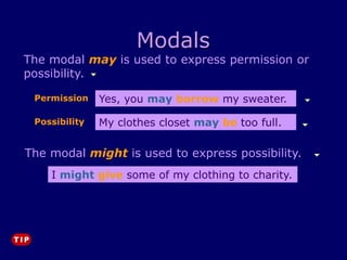 Modals
The modal may is used to express permission or
possibility.
Yes, you may borrow my sweater.
I might give some of my clothing to charity.
The modal might is used to express possibility.
Permission
My clothes closet may be too full.
Possibility
 