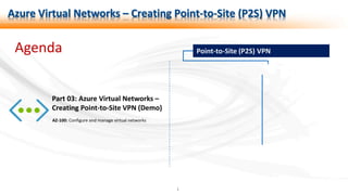 1
Azure Virtual Networks – Creating Point-to-Site (P2S) VPN
Part 03: Azure Virtual Networks –
Creating Point-to-Site VPN (Demo)
Agenda
AZ-100: Configure and manage virtual networks
Point-to-Site (P2S) VPN
 
