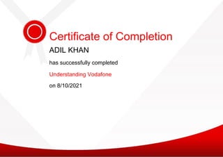 Certificate of Completion
ADIL KHAN
has successfully completed
Understanding Vodafone
on 8/10/2021
 