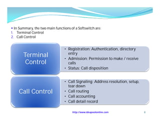  In Summary, the two main functions of a Softswitch are:
1. Terminal Control
2. Call Control


                                 • Registration: Authentication, directory
                                   entry
       Terminal                  • Admission: Permission to make / receive
        Control                    calls
                                 • Status: Call disposition


                                 • Call Signaling: Address resolution, setup,
                                   tear down
    Call Control                 • Call routing
                                 • Call accounting
                                 • Call detail record

                                      http://www.ideapoolonline.com             8
 