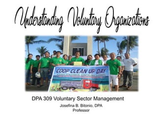 DPA 309 Voluntary Sector Management
Josefina B. Bitonio, DPA
Professor
 