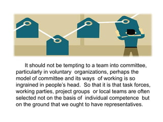 It should not be tempting to a team into committee,
particularly in voluntary organizations, perhaps the
model of committee and its ways of working is so
ingrained in people’s head. So that it is that task forces,
working parties, project groups or local teams are often
selected not on the basis of individual competence but
on the ground that we ought to have representatives.
 