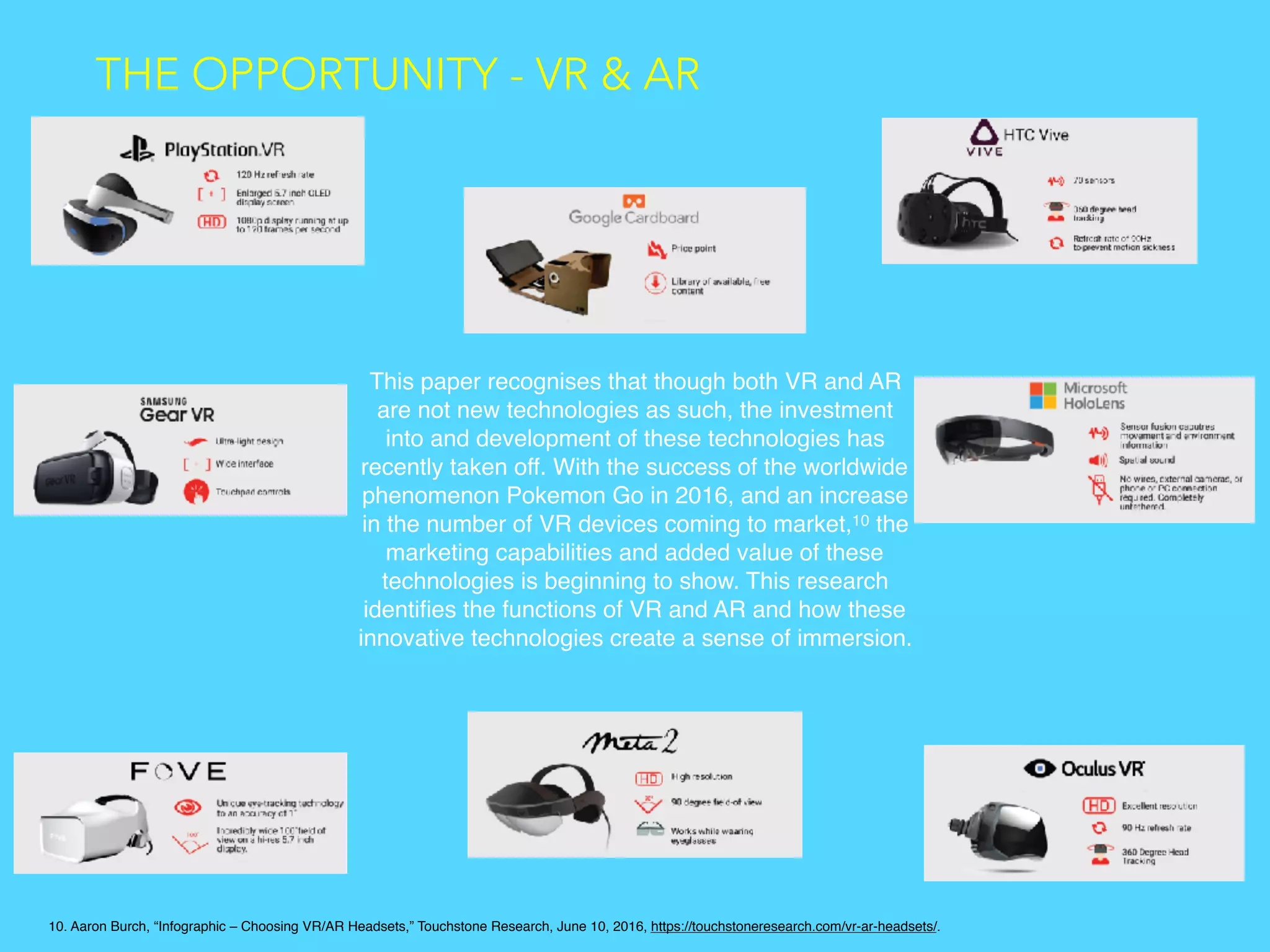 This paper recognises that though both VR and AR
are not new technologies as such, the investment
into and development of these technologies has
recently taken off. With the success of the worldwide
phenomenon Pokemon Go in 2016, and an increase
in the number of VR devices coming to market,10 the
marketing capabilities and added value of these
technologies is beginning to show. This research
identiﬁes the functions of VR and AR and how these
innovative technologies create a sense of immersion.
THE OPPORTUNITY - VR & AR
10. Aaron Burch, “Infographic – Choosing VR/AR Headsets,” Touchstone Research, June 10, 2016, https://touchstoneresearch.com/vr-ar-headsets/.
 