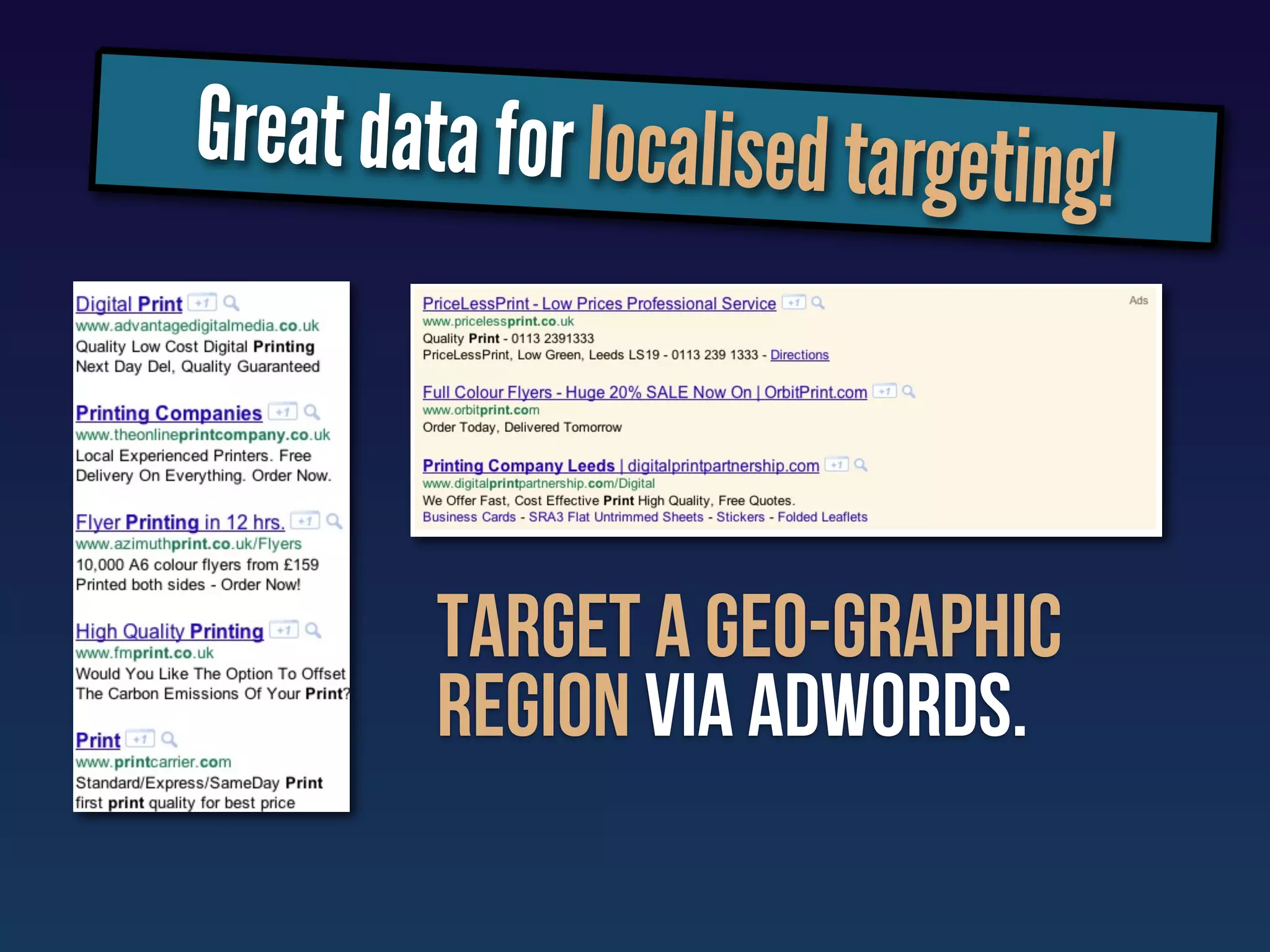 Great data for localised targeting!



         targeT a geo-graphic
         region via adwords.
 