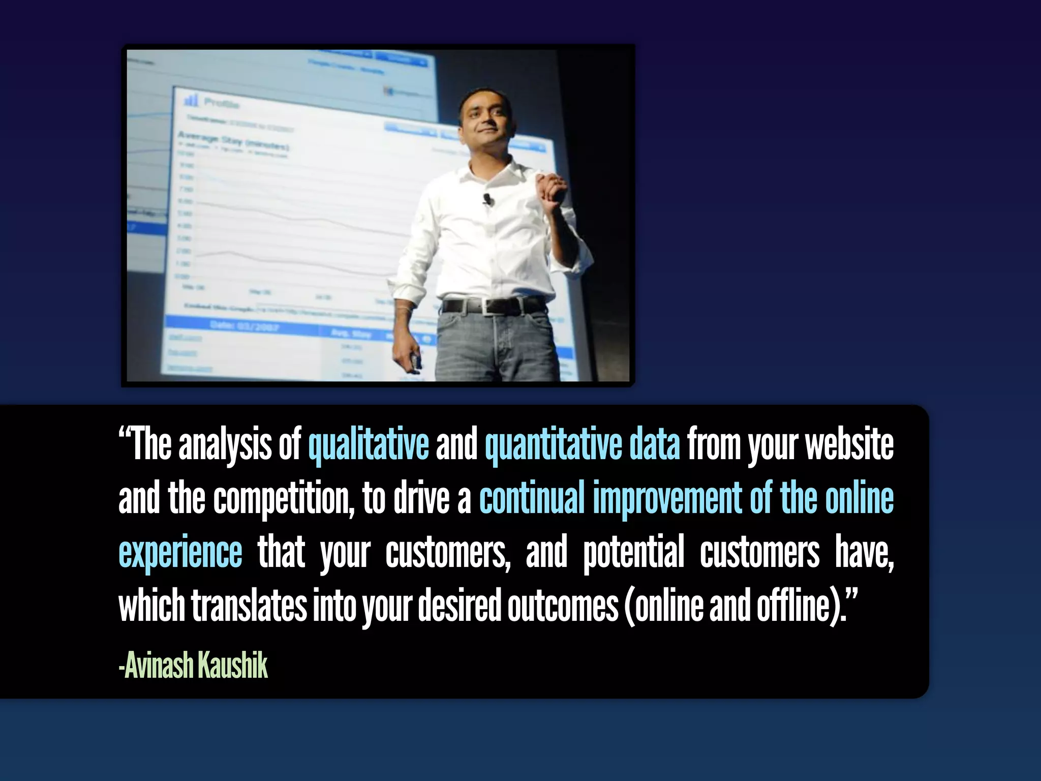 “The analysis of qualitative and quantitative data from your website
and the competition, to drive a continual improvement of the online
experience that your customers, and potential customers have,
which translates into your desired outcomes (online and offline).”  
-Avinash Kaushik
 