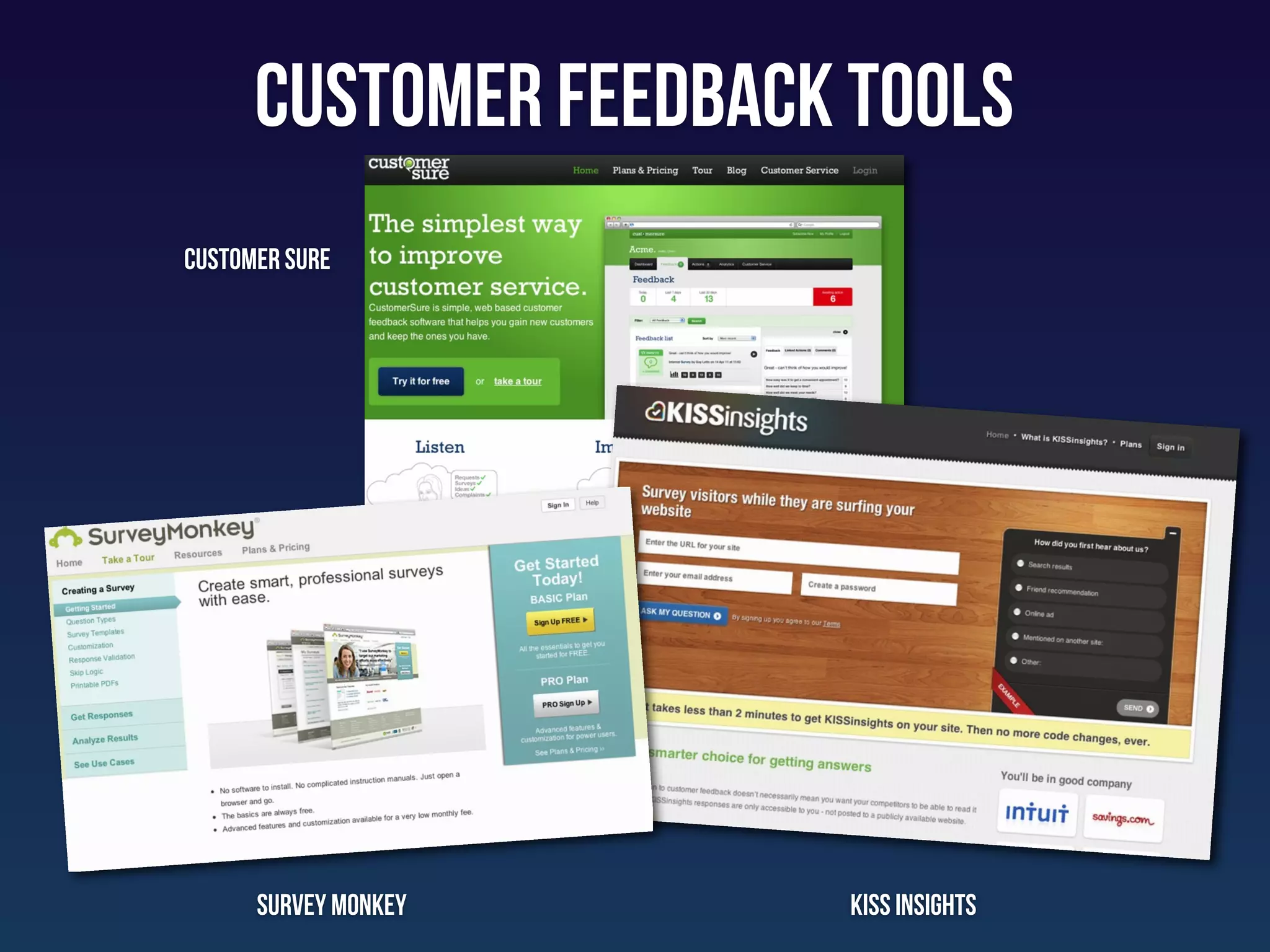 customer Feedback tools
Customer sure




      Survey monkey     KISS INSIGHTS
 