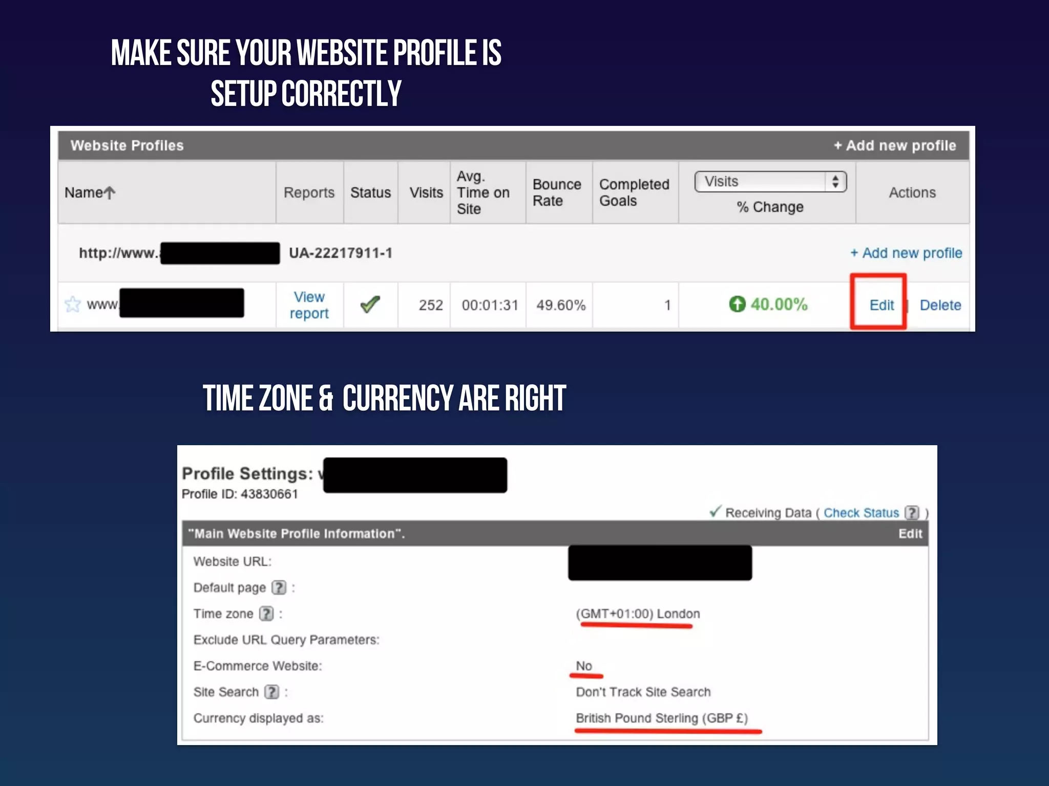 make sure your website Profile is
        setup correctly




       time zone & currency are right
 