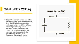 What Is DC In Welding
• DC stands for direct current where the
electrical current flows in one direction.
Since the electr...