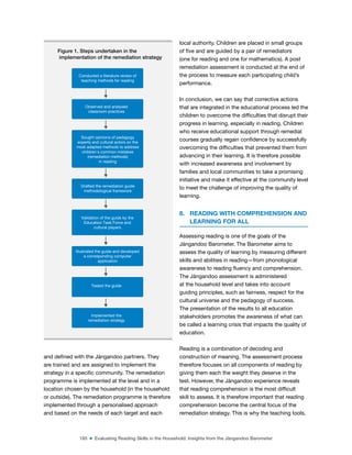 185 ■ Evaluating Reading Skills in the Household: Insights from the Jàngandoo Barometer
and deined with the Jàngandoo partners. They
are trained and are assigned to implement the
strategy in a speciic community. The remediation
programme is implemented at the level and in a
location chosen by the household (in the household
or outside). The remediation programme is therefore
implemented through a personalised approach
and based on the needs of each target and each
local authority. Children are placed in small groups
of ive and are guided by a pair of remediators
(one for reading and one for mathematics). A post
remediation assessment is conducted at the end of
the process to measure each participating child’s
performance.
In conclusion, we can say that corrective actions
that are integrated in the educational process led the
children to overcome the dificulties that disrupt their
progress in learning, especially in reading. Children
who receive educational support through remedial
courses gradually regain conidence by successfully
overcoming the dificulties that prevented them from
advancing in their learning. It is therefore possible
with increased awareness and involvement by
families and local communities to take a promising
initiative and make it effective at the community level
to meet the challenge of improving the quality of
learning.
8. READING WITH COMPREHENSION AND
LEARNING FOR ALL
Assessing reading is one of the goals of the
Jàngandoo Barometer. The Barometer aims to
assess the quality of learning by measuring different
skills and abilities in reading—from phonological
awareness to reading luency and comprehension.
The Jàngandoo assessment is administered
at the household level and takes into account
guiding principles, such as fairness, respect for the
cultural universe and the pedagogy of success.
The presentation of the results to all education
stakeholders promotes the awareness of what can
be called a learning crisis that impacts the quality of
education.
Reading is a combination of decoding and
construction of meaning. The assessment process
therefore focuses on all components of reading by
giving them each the weight they deserve in the
test. However, the Jàngandoo experience reveals
that reading comprehension is the most dificult
skill to assess. It is therefore important that reading
comprehension become the central focus of the
remediation strategy. This is why the teaching tools,
Figure 1. Steps undertaken in the
implementation of the remediation strategy
Conducted a literature review of
teaching methods for reading
Drafted the remediation guide
methodological framework
Observed and analysed
classroom practices
Implemented the
remediation strategy
Tested the guide
Sought opinions of pedagogy
experts and cultural actors on the
most adapted methods to address
children's common mistakes
(remediation methods)
in reading
Validation of the guide by the
Education Task Force and
cultural players
Illustrated the guide and developed
a corresponding computer
application
 