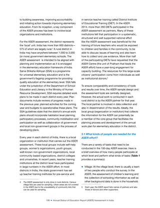 190 ■ Annual Status of Education Report (ASER) Assessment in India
to building awareness, improving accountability
and initiating action towards improving elementary
education. From its inception, a key component
of the ASER process has been to involve local
organizations and institutions.
For the ASER assessment, the district represents
the ‘local’ unit. India has more than 600 districts—
575 of which are largely rural.4
A rural district in
India may have anywhere between 1,000 to 3,000
(or more) government elementary schools. The
ASER assessment is intended to be aligned with
planning and implementation as it is envisaged
in the elementary education framework of India.
Sarva Shiksha Abhiyan (SSA) is a programme
for universal elementary education and is the
government’s lagship programme for providing
quality education at the elementary level. SSA falls
under the jurisdiction of the Department of School
Education and Literacy in the Ministry of Human
Resource Development. SSA requires detailed work
plans to be made in each district every year. Plan
documents include reviews of progress made in
the previous year, planned activities for the coming
year and budgets to operationalise these plans. The
SSA guidelines state that the district’s annual work
plans should incorporate habitation level planning,
participatory processes, community mobilisation and
participation as well as collaboration of government
and local non-government groups in the process of
developing plans.
Every year in each district of India, there is a local
organization or institution that carries out the ASER
assessment. These local groups include self-help
groups, women’s organizations, youth groups,
well-known non-government organizations, local
community based organizations, district colleges
and universities. In recent years, teacher training
institutions at the district level have participated
in large numbers in the ASER effort. In most
districts in India, the state government has set
up teacher training institutes for pre-service and
4 The ASER assessment is only done in rural districts. Census
village lists are used for sampling. Urban areas are not covered
in the ASER due to the unavailability of community lists that
can be used for sampling.
in-service teacher training called District Institute
of Educational Training (DIET). In the ASER
2014, more than 260 DIETs participated in the
ASER assessment as partners. Many of these
institutions felt that participation in a systematic,
structured and well supported national effort
like the ASER assessment was beneicial for the
training of future teachers who would be exposed
to children and families in the community, to be
able to discuss issues of learning and also learn
how to collect and use evidence. More than half
of the participating DIETs have requested that the
ASER Centre (the unit of Pratham that leads the
ASER effort) have a year-long engagement for
capacity building. The resources for this large-scale
citizens’ participation come from individuals as well
as institutional donors.5
To ensure comparability and consistency of tools
and results over time, the ASER sample design and
the assessment tools are centrally designed.
However, the actual work is conducted in each
rural district is by the ASER partner for that year.
The local partner is involved in data collection and
also in dissemination of the results. Ideally, the
local group (organization or institution) that collects
the information for the ASER can potentially be
a member of the core group that facilitates the
planning process and development of the annual
work plan for elementary education in the district.
3.1 What kinds of people are needed for the
ASER effort?
There are a variety of tasks that need to be
conducted in the 100-day ASER exercise. Here is
a brief overview of how many people participate at
which level and perform what kinds of tasks (Table 1
provides a summary):
m Village: At the village level, there is usually a team
of two people who conduct the survey. In the
ASER, the assessment of children’s learning and
the collection of schooling information as well as
other background data is done in the household.
5 Each year, the ASER report lists names of partners and also
those of donors and other supporters.
 