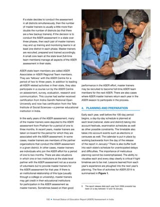 192 ■ Annual Status of Education Report (ASER) Assessment in India
If a state decides to conduct the assessment
in all districts simultaneously, then the number
of master trainers is usually a little more than
double the number of districts (so that there
are a few backup trainers). If the decision is to
conduct the ASER assessment in a state over
three phases, then each pair of master trainers
may end up training and monitoring teams in at
least one district in each phase. Master trainers
are recruited, prepared and trained accordingly.
A small core team at the state level (full-time
team members) manage all aspects of the ASER
assessment in their state.
ASER state team members are called ASER
Associates or ASER Regional Team members.
They are ‘fellows’ with the ASER Centre for a
period of two to three years. In addition to leading
all ASER related activities in their state, they also
participate in a course run by the ASER Centre
on assessment, survey, evaluation, research and
communication. This course had earlier received
certiication from Indira Gandhi National Open
University and now has certiication from the Tata
Institute of Social Sciences—a premier educational
institution in India.
In the early years of the ASER assessment, many
of the master trainers were deputed to the ASER
assessment from Pratham for a period of one to
three months. In recent years, master trainers are
taken on-board for the period for which they are
associated with the ASER assessment. In some
cases, master trainers are members of the partner
organizations that conduct the ASER assessment
in a given district. In other cases, master trainers
are individuals who join the ASER effort for a period
of one to two months. There are also situations
in which one or two institutions at the state level
partner with the ASER assessment not as a source
of volunteers but to provide master trainers for
the ASER assessment for that year. If there is
an institutional relationship of this type (usually
through a college or university), master trainers
may get credit in their educational institutions
for participation in the ASER assessment as
master trainers. Sometimes based on their good
performance in the ASER effort, master trainers
may be recruited to become full-time ASER team
members for the next ASER. There are also cases
where ASER master trainers return each year in the
ASER season to participate in the process.
4. PLANNING AND PREPARATION
Early each year, well before the 100-day period
begins, a day-by-day schedule is planned at
each level (national, state and district) taking into
account festivals, examination schedules as well
as other possible constraints. The timetable also
takes into account events such as elections or
censuses as well. The calendar is put in place by
working backwards from the day of the release
of the report in January.6
There is also buffer built
into each state’s schedule for unanticipated delays
and dificulties. The importance of meticulous
planning cannot be overemphasised. The ability to
visualise each and every step clearly is critical if tight
timelines are to be met. Lessons learned from each
year’s experience are ploughed into the next year’s
planning. The low of activities for ASER 2014 is
summarised in Figure 1.
6 The report release date each year from 2006 onwards has
been on a day between 12 and 18 January.
©
Dana
Schmidt/The
William
and
Flora
Hewlett
Foundation
 