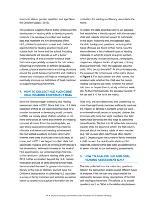 24 ■ Home Literacy Environment Data Facilitate All Children Reading
economic status, gender, repetition and age (Save
the Children Malawi, 2013).
The evidence suggests that to better understand the
development of reading skills in developing world
contexts, it is necessary to collect and analyse
data that represent the ive dimensions of the
HLE, children’s motivation to read and children’s
opportunities for reading practice inside and
outside both the home and the school. Including
these elements will provide us with a better
understanding of and a broader evidence base
that more appropriately represents the rich variety
of learning environments in different languages,
cultures, physical environments and living situations
around the world. Measuring the HLE and children’s
interest and motivation will help us investigate and
eventually improve our deinitions of ‘best practices’
to support reading achievement.
4. HOW TO COLLECT HLE ALONGSIDE
ORAL READING ASSESSMENT DATA
Save the Children began collecting oral reading
assessment data in 2007. Since that time, HLE data
collection shifted as we discovered the need for a
broader framework in developing world contexts.
In 2009, we merely asked children whether or not
there were books at home and whether any reading
occurred at home. From the resulting data, we
saw strong associations between the presence
of books and readers and reading achievement.
We next added questions on book variety and
whether there were individuals who could read at
home, and in 2011, we began to collect data that
speciically mapped onto all of Hess and Holloway’s
ive dimensions. With each increase in the level of
HLE speciication, our understanding of its links
to the variation in children’s reading skills grew. In
2013, further exploration beyond the HLE, namely
motivation and use of skills beyond school walls,
demonstrated the need for greater information on
literacy in the lives of children. Current Save the
Children’s best practice in collecting HLE data uses
a survey of family members and activities as well as
follow up questions to capture information on the
motivation for reading and literacy use outside the
home.
To collect the data described above, an assessor
irst establishes a friendly rapport with the sampled
child and collects informed assent to participate
in the study. Following this, the assessor asks
the child background questions, including what
types of books are found in their home. Country
teams develop a list of relevant types of reading
materials on which to inquire in a given context,
which generally includes textbooks, newspapers,
magazines, religious books, storybooks, coloring
books and comics. Then, the assessor asks the
child, ‘Who do you live with?’ As the child responds,
the assessor ills in the boxes in the matrix shown
in Figure 1. For each person the child names, the
assessor asks whether the child saw the person
reading during the last week, whether the person
told them or helped them to study in the last week,
etc. As the child responds, the assessor records ‘1’
for yes and a ‘0’ for no in the matrix.
Over time, we have determined that questioning no
more than eight family members suficiently captures
the majority of families in contexts where we work—
an extremely small percent of sampled children live
in homes with more than eight members. Our ield
teams have conveyed the two ways to collect this
data eficiently. The irst is to ill in the data column by
column while the second is to ill in the irst column,
then ask about the literacy habits of each member
(e.g. ‘Do you see Mom read? Does Mom read to
you?’). Depending on the number of family members
a child has and the rapidity with which a child
responds, collecting this data adds an additional ive
to seven minutes to our oral reading assessments.
5. HOW TO ANALYSE HLE AND ORAL
READING ASSESSMENT DATA
The data collected from the matrix and questions
listed in the last section enable several different types
of analyses. First, we can very simply model the
relationship between binary descriptions of the HLE
and reading achievement. This allows us to answer
questions such as ‘What is the relationship between
 
