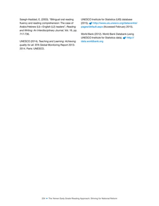 254 ■ The Yemen Early Grade Reading Approach: Striving for National Reform
Saiegh-Haddad, E. (2003). “Bilingual oral reading
luency and reading comprehension: The case of
Arabic/Hebrew (LI)—English (L2) readers”. Reading
and Writing: An Interdisciplinary Journal, Vol. 16, pp.
717-736.
UNESCO (2014). Teaching and Learning: Achieving
quality for all. EFA Global Monitoring Report 2013-
2014. Paris: UNESCO.
UNESCO Institute for Statistics (UIS) database
(2015). http://www.uis.unesco.org/datacentre/
pages/default.aspx (Accessed February 2015).
World Bank (2012). World Bank Databank (using
UNESCO Institute for Statistics data). http://
data.worldbank.org
 