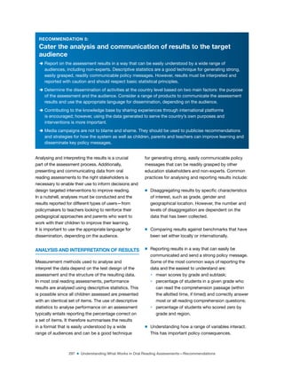 297 ■ Understanding What Works in Oral Reading Assessments—Recommendations
RECOMMENDATION 5:
Cater the analysis and communication of results to the target
audience
D Report on the assessment results in a way that can be easily understood by a wide range of
audiences, including non-experts. Descriptive statistics are a good technique for generating strong,
easily grasped, readily communicable policy messages. However, results must be interpreted and
reported with caution and should respect basic statistical principles.
D Determine the dissemination of activities at the country level based on two main factors: the purpose
of the assessment and the audience. Consider a range of products to communicate the assessment
results and use the appropriate language for dissemination, depending on the audience.
D Contributing to the knowledge base by sharing experiences through international platforms
is encouraged; however, using the data generated to serve the country’s own purposes and
interventions is more important.
D Media campaigns are not to blame and shame. They should be used to publicise recommendations
and strategies for how the system as well as children, parents and teachers can improve learning and
disseminate key policy messages.
Analysing and interpreting the results is a crucial
part of the assessment process. Additionally,
presenting and communicating data from oral
reading assessments to the right stakeholders is
necessary to enable their use to inform decisions and
design targeted interventions to improve reading.
In a nutshell, analyses must be conducted and the
results reported for different types of users—from
policymakers to teachers looking to reinforce their
pedagogical approaches and parents who want to
work with their children to improve their learning.
It is important to use the appropriate language for
dissemination, depending on the audience.
ANALYSIS AND INTERPRETATION OF RESULTS
Measurement methods used to analyse and
interpret the data depend on the test design of the
assessment and the structure of the resulting data.
In most oral reading assessments, performance
results are analysed using descriptive statistics. This
is possible since all children assessed are presented
with an identical set of items. The use of descriptive
statistics to analyse performance on an assessment
typically entails reporting the percentage correct on
a set of items. It therefore summarises the results
in a format that is easily understood by a wide
range of audiences and can be a good technique
for generating strong, easily communicable policy
messages that can be readily grasped by other
education stakeholders and non-experts. Common
practices for analysing and reporting results include:
m Disaggregating results by speciic characteristics
of interest, such as grade, gender and
geographical location. However, the number and
levels of disaggregation are dependent on the
data that has been collected.
m Comparing results against benchmarks that have
been set either locally or internationally.
m Reporting results in a way that can easily be
communicated and send a strong policy message.
Some of the most common ways of reporting the
data and the easiest to understand are:
> mean scores by grade and subtask;
> percentage of students in a given grade who
can read the comprehension passage (within
the allotted time, if timed) and correctly answer
most or all reading comprehension questions;
> percentage of students who scored zero by
grade and region.
m Understanding how a range of variables interact.
This has important policy consequences.
 
