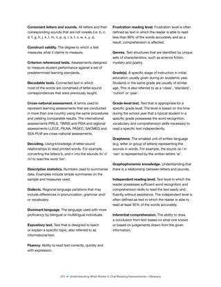 310 ■ Understanding What Works in Oral Reading Assessments—Glossary
Consonant letters and sounds. All letters and their
corresponding sounds that are not vowels (i.e. b, c,
d, f, g, h, j, k, l, m, n, p, q, r, s, t, v, w, x, y, z).
Construct validity. The degree to which a test
measures what it claims to measure.
Criterion referenced tests. Assessments designed
to measure student performance against a set of
predetermined learning standards.
Decodable texts. Connected text in which
most of the words are comprised of letter-sound
correspondences that were previously taught.
Cross-national assessment. A terms used to
represent learning assessments that are conducted
in more than one country using the same procedures
and yielding comparable results. The international
assessments PIRLS, TIMSS and PISA and regional
assessments LLECE, PILNA, PASEC, SACMEQ and
SEA-PLM are cross-national assessments.
Decoding. Using knowledge of letter-sound
relationships to read printed words. For example,
converting the letters b, and n into the sounds /b/ /i/
/n/ to read the word ‘bin’.
Descriptive statistics. Numbers used to summarise
data. Examples include simple summaries on the
sample and measures used.
Dialects. Regional language variations that may
include differences in pronunciation, grammar and/
or vocabulary.
Dominant language. The language used with more
proiciency by bilingual or multilingual individuals.
Expository text. Text that is designed to teach
or explain a speciic topic; also referred to as
informational text.
Fluency. Ability to read text correctly, quickly and
with expression.
Frustration reading level. Frustration level is often
deined as text in which the reader is able to read
less than 90% of the words accurately and as a
result, comprehension is affected.
Genres. Text structures that are identiied by unique
sets of characteristics, such as science iction,
mystery and poetry.
Grade(s). A speciic stage of instruction in initial
education usually given during an academic year.
Students in the same grade are usually of similar
age. This is also referred to as a ‘class’, ‘standard’,
‘cohort’ or ‘year’.
Grade-level text. Text that is appropriate for a
speciic grade level. The level is based on the time
during the school year that a typical student in a
speciic grade possesses the word recognition,
vocabulary and comprehension skills necessary to
read a speciic text independently.
Grapheme. The smallest unit of written language
(e.g. letter or group of letters) representing the
sounds in words. For example, the sound /ai / in
‘rain’ is represented by the written letters ‘ai’.
Graphophonemic knowledge. Understanding that
there is a relationship between letters and sounds.
Independent reading level. Text level in which the
reader possesses suficient word recognition and
comprehension skills to read the text easily and
luently without assistance. The independent level is
often deined as text in which the reader is able to
read at least 95% of the words accurately.
Inferential comprehension. The ability to draw
a conclusion from text based on what one knows
or based on judgements drawn from the given
information.
 