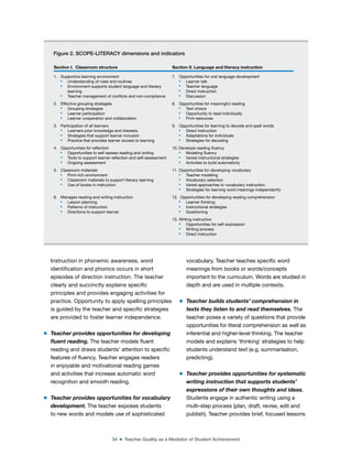 34 ■ Teacher Quality as a Mediator of Student Achievement
Instruction in phonemic awareness, word
identiication and phonics occurs in short
episodes of direction instruction. The teacher
clearly and succinctly explains speciic
principles and provides engaging activities for
practice. Opportunity to apply spelling principles
is guided by the teacher and speciic strategies
are provided to foster learner independence.
m Teacher provides opportunities for developing
luent reading. The teacher models luent
reading and draws students’ attention to speciic
features of luency. Teacher engages readers
in enjoyable and motivational reading games
and activities that increase automatic word
recognition and smooth reading.
m Teacher provides opportunities for vocabulary
development. The teacher exposes students
to new words and models use of sophisticated
vocabulary. Teacher teaches speciic word
meanings from books or words/concepts
important to the curriculum. Words are studied in
depth and are used in multiple contexts.
m Teacher builds students’ comprehension in
texts they listen to and read themselves. The
teacher poses a variety of questions that provide
opportunities for literal comprehension as well as
inferential and higher-level thinking. The teacher
models and explains ‘thinking’ strategies to help
students understand text (e.g. summarisation,
predicting).
m Teacher provides opportunities for systematic
writing instruction that supports students’
expressions of their own thoughts and ideas.
Students engage in authentic writing using a
multi-step process (plan, draft, revise, edit and
publish). Teacher provides brief, focused lessons
Figure 2. SCOPE-LITERACY dimensions and indicators
Section I. Classroom structure Section II. Language and literacy instruction
1. Supportive learning environment
■
Understanding of rules and routines
■
Environment supports student language and literacy
learning
■
Teacher management of conlicts and non-compliance
7. Opportunities for oral language development
■
Learner talk
■
Teacher language
■
Direct instruction
■
Discussion
2. Effective grouping strategies
■
Grouping strategies
■
Learner participation
■
Learner cooperation and collaboration
8. Opportunities for meaningful reading
■
Text choice
■
Opportunity to read individually
■
Print resources
3. Participation of all learners
■
Learners prior knowledge and interests
■
Strategies that support learner inclusion
■
Practice that provides learner access to learning
9. Opportunities for learning to decode and spell words
■
Direct instruction
■
Adaptations for individuals
■
Strategies for decoding
4. Opportunities for relection
■
Opportunities to self-assess reading and writing
■
Tools to support learner relection and self-assessment
■
Ongoing assessment
10. Develops reading luency
■
Modeling luency
■
Varied instructional strategies
■
Activities to build automaticity
5. Classroom materials
■
Print-rich environment
■
Classroom materials to support literacy learning
■
Use of books in instruction
11. Opportunities for developing vocabulary
■
Teacher modeling
■
Vocabulary selection
■
Varied approaches to vocabulary instruction
■
Strategies for learning word meanings independently
6. Manages reading and writing instruction
■
Lesson planning
■
Patterns of instruction
■
Directions to support learner
12. Opportunities for developing reading comprehension
■
Learner thinking
■
Instructional strategies
■
Questioning
13. Writing instruction
■
Opportunities for self-expression
■
Writing process
■
Direct instruction
 