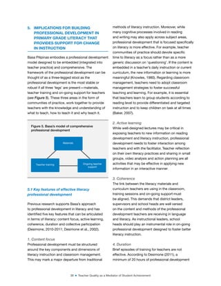 38 ■ Teacher Quality as a Mediator of Student Achievement
5. IMPLICATIONS FOR BUILDING
PROFESSIONAL DEVELOPMENT IN
PRIMARY GRADE LITERACY THAT
PROVIDES SUPPORT FOR CHANGE
IN INSTRUCTION
Basa Pilipinas embodies a professional development
model designed to be embedded (integrated into
teacher practice) and comprehensive. The
framework of the professional development can be
thought of as a three-legged stool as the
professional development is the most stable or
robust if all three ‘legs’ are present—materials,
teacher training and on-going support for teachers
(see Figure 5). These three areas in the form of
communities of practice, work together to provide
teachers with the knowledge and understanding of
what to teach, how to teach it and why teach it.
5.1 Key features of effective literacy
professional development
Previous research supports Basa’s approach
to professional development in literacy and has
identiied ive key features that can be articulated
in terms of literacy: content focus, active learning,
coherence, duration and collective participation
(Desimone, 2010-2011; Desimone et al., 2002).
1. Content focus
Professional development must be structured
around the key components and dimensions of
literacy instruction and classroom management.
This may mark a major departure from traditional
methods of literacy instruction. Moreover, while
many cognitive processes involved in reading
and writing may also apply across subject areas,
professional development that is focused speciically
on literacy is more effective. For example, teacher
communities of practice should devote speciic
time to literacy as a focus rather than as a more
generic discussion on ‘questioning’. If the content is
embedded in a teacher’s daily instruction or current
curriculum, the new information or learning is more
meaningful (Knowles, 1980). Regarding classroom
management, teachers need to adopt classroom
management strategies to foster successful
teaching and learning. For example, it is essential
that teachers learn to group students according to
reading level to provide differentiated and targeted
instruction and to keep children on task at all times
(Baker, 2007).
2. Active learning
While well-designed lectures may be critical in
exposing teachers to new information on reading
development and literacy instruction, professional
development needs to foster interaction among
teachers and with the facilitator. Teacher relection
on their own literacy practices and sharing in small
groups, video analysis and action planning are all
activities that may be effective in applying new
information in an interactive manner.
3. Coherence
The link between the literacy materials and
curriculum teachers are using in the classroom,
training sessions and on-going support must
be aligned. This demands that district leaders,
supervisors and school heads are well versed
on the content and methods of the professional
development teachers are receiving in language
and literacy. As instructional leaders, school
heads should play an instrumental role in on-going
professional development designed to foster better
literacy instruction.
4. Duration
Brief episodes of training for teachers are not
effective. According to Desimone (2011), a
minimum of 20 hours of professional development
Figure 5. Basa’s model of comprehensive
professional development
Materials
Teacher training Ongoing teacher
support
 