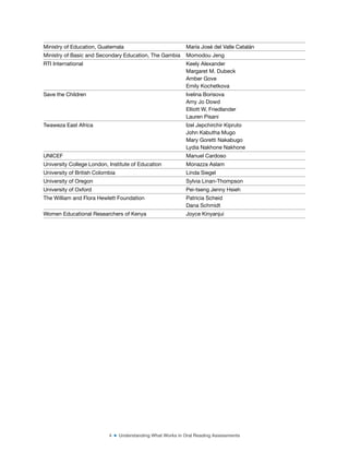 4 ■ Understanding What Works in Oral Reading Assessments
Ministry of Education, Guatemala María José del Valle Catalán
Ministry of Basic and Secondary Education, The Gambia Momodou Jeng
RTI International Keely Alexander
Margaret M. Dubeck
Amber Gove
Emily Kochetkova
Save the Children Ivelina Borisova
Amy Jo Dowd
Elliott W. Friedlander
Lauren Pisani
Twaweza East Africa Izel Jepchirchir Kipruto
John Kabutha Mugo
Mary Goretti Nakabugo
Lydia Nakhone Nakhone
UNICEF Manuel Cardoso
University College London, Institute of Education Monazza Aslam
University of British Colombia Linda Siegel
University of Oregon Sylvia Linan-Thompson
University of Oxford Pei-tseng Jenny Hsieh
The William and Flora Hewlett Foundation Patricia Scheid
Dana Schmidt
Women Educational Researchers of Kenya Joyce Kinyanjui
 