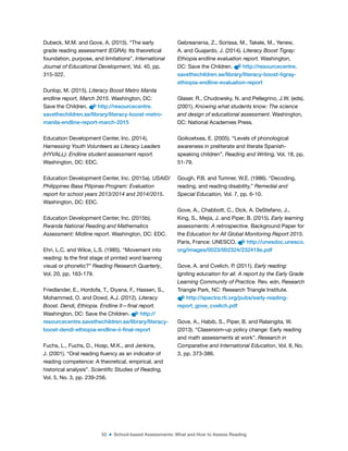 52 ■ School-based Assessments: What and How to Assess Reading
Dubeck, M.M. and Gove, A. (2015). “The early
grade reading assessment (EGRA): Its theoretical
foundation, purpose, and limitations”. International
Journal of Educational Development, Vol. 40, pp.
315-322.
Dunlop, M. (2015). Literacy Boost Metro Manila
endline report, March 2015. Washington, DC:
Save the Children. http://resourcecentre.
savethechildren.se/library/literacy-boost-metro-
manila-endline-report-march-2015
Education Development Center, Inc. (2014).
Harnessing Youth Volunteers as Literacy Leaders
(HYVALL): Endline student assessment report.
Washington, DC: EDC.
Education Development Center, Inc. (2015a). USAID/
Philippines Basa Pilipinas Program: Evaluation
report for school years 2013/2014 and 2014/2015.
Washington, DC: EDC.
Education Development Center, Inc. (2015b).
Rwanda National Reading and Mathematics
Assessment: Midline report. Washington, DC: EDC.
Ehri, L.C. and Wilce, L.S. (1985). “Movement into
reading: Is the irst stage of printed word learning
visual or phonetic?” Reading Research Quarterly,
Vol. 20, pp. 163-179.
Friedlander, E., Hordofa, T., Diyana, F., Hassen, S.,
Mohammed, O. and Dowd, A.J. (2012). Literacy
Boost. Dendi, Ethiopia. Endline II—final report.
Washington, DC: Save the Children. http://
resourcecentre.savethechildren.se/library/literacy-
boost-dendi-ethiopia-endline-ii-final-report
Fuchs, L., Fuchs, D., Hosp, M.K., and Jenkins,
J. (2001). “Oral reading luency as an indicator of
reading competence: A theoretical, empirical, and
historical analysis”. Scientific Studies of Reading,
Vol. 5, No. 3, pp. 239-256.
Gebreanenia, Z., Sorissa, M., Takele, M., Yenew,
A. and Guajardo, J. (2014). Literacy Boost Tigray:
Ethiopia endline evaluation report. Washington,
DC: Save the Children. http://resourcecentre.
savethechildren.se/library/literacy-boost-tigray-
ethiopia-endline-evaluation-report
Glaser, R., Chudowsky, N. and Pellegrino, J.W. (eds).
(2001). Knowing what students know: The science
and design of educational assessment. Washington,
DC: National Academies Press.
Goikoetxea, E. (2005). “Levels of phonological
awareness in preliterate and literate Spanish-
speaking children”. Reading and Writing, Vol. 18, pp.
51-79.
Gough, P.B. and Tumner, W.E. (1986). “Decoding,
reading, and reading disability.” Remedial and
Special Education, Vol. 7, pp. 6-10.
Gove, A., Chabbott, C., Dick, A. DeStefano, J.,
King, S., Mejia, J. and Piper, B. (2015). Early learning
assessments: A retrospective. Background Paper for
the Education for All Global Monitoring Report 2015.
Paris, France: UNESCO. http://unesdoc.unesco.
org/images/0023/002324/232419e.pdf
Gove, A. and Cvelich, P. (2011). Early reading:
Igniting education for all. A report by the Early Grade
Learning Community of Practice. Rev. edn, Research
Triangle Park, NC: Research Triangle Institute.
http://spectra.rti.org/pubs/early-reading-
report_gove_cvelich.pdf
Gove, A., Habib, S., Piper, B. and Ralaingita, W.
(2013). “Classroom-up policy change: Early reading
and math assessments at work”. Research in
Comparative and International Education, Vol. 8, No.
3, pp. 373-386.
 