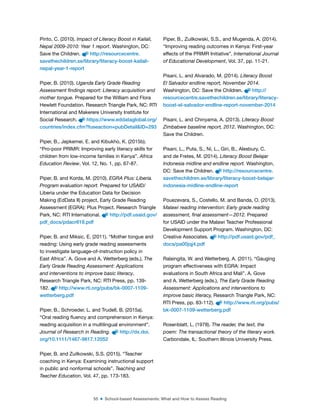 55 ■ School-based Assessments: What and How to Assess Reading
Pinto, C. (2010). Impact of Literacy Boost in Kailali,
Nepal 2009-2010: Year 1 report. Washington, DC:
Save the Children. http://resourcecentre.
savethechildren.se/library/literacy-boost-kailali-
nepal-year-1-report
Piper, B. (2010). Uganda Early Grade Reading
Assessment findings report: Literacy acquisition and
mother tongue. Prepared for the William and Flora
Hewlett Foundation. Research Triangle Park, NC: RTI
International and Makerere University Institute for
Social Research. https://www.eddataglobal.org/
countries/index.cfm?fuseaction=pubDetail&ID=293
Piper, B., Jepkemei, E. and Kibukho, K. (2015b).
“Pro-poor PRIMR: Improving early literacy skills for
children from low-income families in Kenya”. Africa
Education Review, Vol. 12, No. 1, pp. 67-87.
Piper, B. and Korda, M. (2010). EGRA Plus: Liberia.
Program evaluation report. Prepared for USAID/
Liberia under the Education Data for Decision
Making (EdData II) project, Early Grade Reading
Assessment (EGRA): Plus Project. Research Triangle
Park, NC: RTI International. http://pdf.usaid.gov/
pdf_docs/pdacr618.pdf
Piper, B. and Miksic, E. (2011). “Mother tongue and
reading: Using early grade reading assessments
to investigate language-of-instruction policy in
East Africa”. A. Gove and A. Wetterberg (eds.), The
Early Grade Reading Assessment: Applications
and interventions to improve basic literacy.
Research Triangle Park, NC: RTI Press, pp. 139-
182. http://www.rti.org/pubs/bk-0007-1109-
wetterberg.pdf
Piper, B., Schroeder, L. and Trudell, B. (2015a).
“Oral reading luency and comprehension in Kenya:
reading acquisition in a multilingual environment”.
Journal of Research in Reading. http://dx.doi.
org/10.1111/1467-9817.12052
Piper, B. and Zuilkowski, S.S. (2015). “Teacher
coaching in Kenya: Examining instructional support
in public and nonformal schools”. Teaching and
Teacher Education, Vol. 47, pp. 173-183.
Piper, B., Zuilkowski, S.S., and Mugenda, A. (2014).
“Improving reading outcomes in Kenya: First-year
effects of the PRIMR Initiative”. International Journal
of Educational Development, Vol. 37, pp. 11-21.
Pisani, L. and Alvarado, M. (2014). Literacy Boost
El Salvador endline report, November 2014.
Washington, DC: Save the Children. http://
resourcecentre.savethechildren.se/library/literacy-
boost-el-salvador-endline-report-november-2014
Pisani, L. and Chinyama, A. (2013). Literacy Boost
Zimbabwe baseline report, 2012. Washington, DC:
Save the Children.
Pisani, L., Puta, S., Ni, L., Giri, B., Alesbury, C.
and de Fretes, M. (2014). Literacy Boost Belajar
Indonesia midline and endline report. Washington,
DC: Save the Children. http://resourcecentre.
savethechildren.se/library/literacy-boost-belajar-
indonesia-midline-endline-report
Pouezevara, S., Costello, M. and Banda, O. (2013).
Malawi reading intervention: Early grade reading
assessment, final assessment—2012. Prepared
for USAID under the Malawi Teacher Professional
Development Support Program. Washington, DC:
Creative Associates. http://pdf.usaid.gov/pdf_
docs/pa00jqj4.pdf
Ralaingita, W. and Wetterberg, A. (2011). “Gauging
program effectiveness with EGRA: Impact
evaluations in South Africa and Mali”. A. Gove
and A. Wetterberg (eds.), The Early Grade Reading
Assessment: Applications and interventions to
improve basic literacy, Research Triangle Park, NC:
RTI Press, pp. 83-112). http://www.rti.org/pubs/
bk-0007-1109-wetterberg.pdf
Rosenblatt, L. (1978). The reader, the text, the
poem: The transactional theory of the literary work.
Carbondale, IL: Southern Illinois University Press.
 