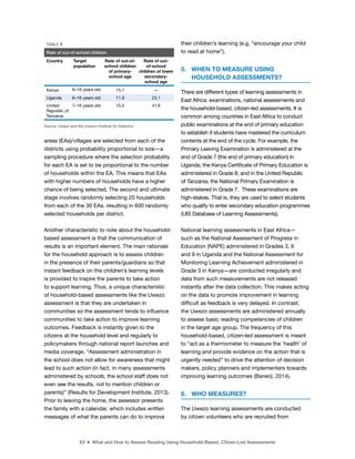 63 ■ What and How to Assess Reading Using Household-Based, Citizen-Led Assessments
areas (EAs)/villages are selected from each of the
districts using probability proportional to size—a
sampling procedure where the selection probability
for each EA is set to be proportional to the number
of households within the EA. This means that EAs
with higher numbers of households have a higher
chance of being selected. The second and ultimate
stage involves randomly selecting 20 households
from each of the 30 EAs, resulting in 600 randomly
selected households per district.
Another characteristic to note about the household-
based assessment is that the communication of
results is an important element. The main rationale
for the household approach is to assess children
in the presence of their parents/guardians so that
instant feedback on the children’s learning levels
is provided to inspire the parents to take action
to support learning. Thus, a unique characteristic
of household-based assessments like the Uwezo
assessment is that they are undertaken in
communities so the assessment tends to inluence
communities to take action to improve learning
outcomes. Feedback is instantly given to the
citizens at the household level and regularly to
policymakers through national report launches and
media coverage. “Assessment administration in
the school does not allow for awareness that might
lead to such action (in fact, in many assessments
administered by schools, the school staff does not
even see the results, not to mention children or
parents)” (Results for Development Institute, 2013).
Prior to leaving the home, the assessor presents
the family with a calendar, which includes written
messages of what the parents can do to improve
their children’s learning (e.g. “encourage your child
to read at home”).
5. WHEN TO MEASURE USING
HOUSEHOLD ASSESSMENTS?
There are different types of learning assessments in
East Africa: examinations, national assessments and
the household-based, citizen-led assessments. It is
common among countries in East Africa to conduct
public examinations at the end of primary education
to establish if students have mastered the curriculum
contents at the end of the cycle. For example, the
Primary Leaving Examination is administered at the
end of Grade 7 (the end of primary education) in
Uganda; the Kenya Certiicate of Primary Education is
administered in Grade 8; and in the United Republic
of Tanzania, the National Primary Examination is
administered in Grade 7. These examinations are
high-stakes. That is, they are used to select students
who qualify to enter secondary education programmes
(UIS Database of Learning Assessments).
National learning assessments in East Africa—
such as the National Assessment of Progress in
Education (NAPE) administered in Grades 3, 6
and 9 in Uganda and the National Assessment for
Monitoring Learning Achievement administered in
Grade 3 in Kenya—are conducted irregularly and
data from such measurements are not released
instantly after the data collection. This makes acting
on the data to promote improvement in learning
dificult as feedback is very delayed. In contrast,
the Uwezo assessments are administered annually
to assess basic reading competencies of children
in the target age group. The frequency of this
household-based, citizen-led assessment is meant
to “act as a thermometer to measure the ‘health’ of
learning and provide evidence on the action that is
urgently needed” to drive the attention of decision
makers, policy planners and implementers towards
improving learning outcomes (Banerji, 2014).
6. WHO MEASURES?
The Uwezo learning assessments are conducted
by citizen volunteers who are recruited from
TABLE 1
Rate of out-of-school children
Country Target
population
Rate of out-of-
school children
of primary-
school age
Rate of out-
of-school
children of lower
secondary-
school age
Kenya 6–16 years old 15.1 —
Uganda 6–16 years old 11.9 23.1
United
Republic of
Tanzania
7–16 years old 15.5 41.6
Source: Uwezo and the Unesco Institute for Statistics
 