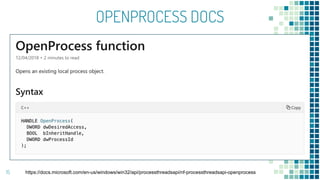 OPENPROCESS DOCS
15 https://docs.microsoft.com/en-us/windows/win32/api/processthreadsapi/nf-processthreadsapi-openprocess
 