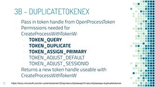 3B – DUPLICATETOKENEX
- Pass in token handle from OpenProcessToken
- Permissions needed for
CreateProcessWithTokenW:
- TOKEN_QUERY
- TOKEN_DUPLICATE
- TOKEN_ASSIGN_PRIMARY
- TOKEN_ADJUST_DEFAULT
- TOKEN_ADJUST_SESSIONID
- Returns a new token handle useable with
CreateProcessWithTokenW
22 https://docs.microsoft.com/en-us/windows/win32/api/securitybaseapi/nf-securitybaseapi-duplicatetokenex
 