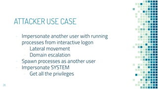 ATTACKER USE CASE
- Impersonate another user with running
processes from interactive logon
- Lateral movement
- Domain escalation
- Spawn processes as another user
- Impersonate SYSTEM
- Get all the privileges
26
 