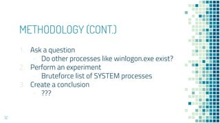 METHODOLOGY (CONT.)
1. Ask a question
- Do other processes like winlogon.exe exist?
2. Perform an experiment
- Bruteforce list of SYSTEM processes
3. Create a conclusion
- ???
32
 