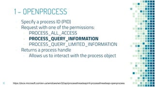 1 – OPENPROCESS
- Specify a process ID (PID)
- Request with one of the permissions:
- PROCESS_ALL_ACCESS
- PROCESS_QUERY_I...